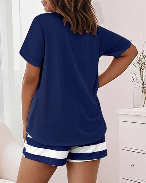 2 Pieces Outfit Anchor Print Round Neck Short Sleeve Top and Striped Elastic Waist Shorts Set Casual Pajamas Set